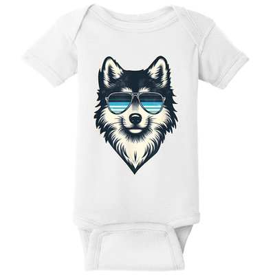 Cool Retro Wolf In Sunglasses 70s 80s 90s Novelty Funny Wolf Baby Bodysuit