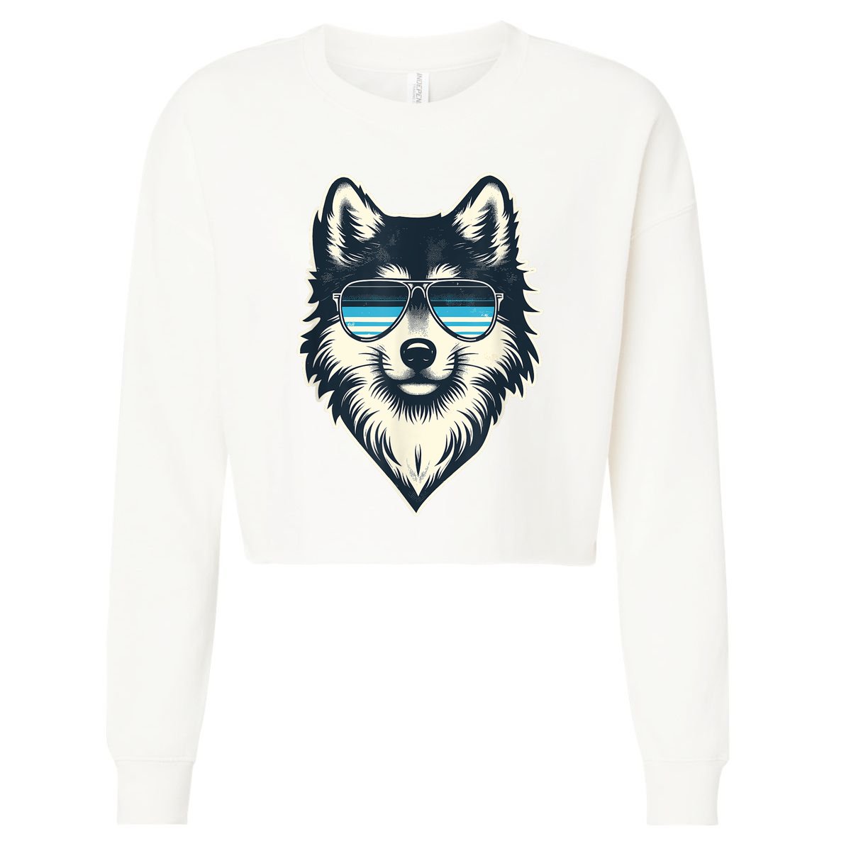 Cool Retro Wolf In Sunglasses 70s 80s 90s Novelty Funny Wolf Cropped Pullover Crew