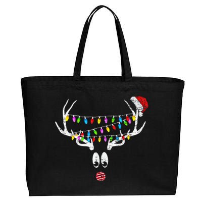 Christmas Reindeer W Xmas Lights Santa Hat Retro Distressed Cotton Canvas Jumbo Tote