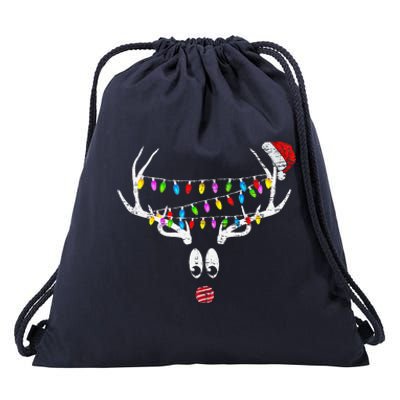 Christmas Reindeer W Xmas Lights Santa Hat Retro Distressed Drawstring Bag