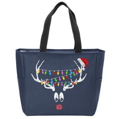 Christmas Reindeer W Xmas Lights Santa Hat Retro Distressed Zip Tote Bag