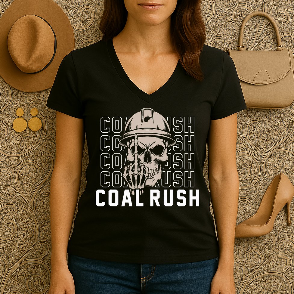 Coal Rush West Virginia Skull Coal Miner Hard Hat Women's V-Neck T-Shirt