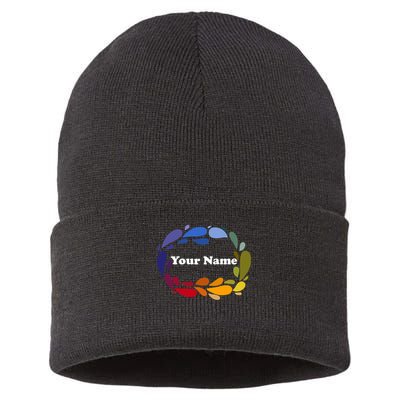 Colorful Rainbow Wreath Custom Name Plate Sustainable Knit Beanie