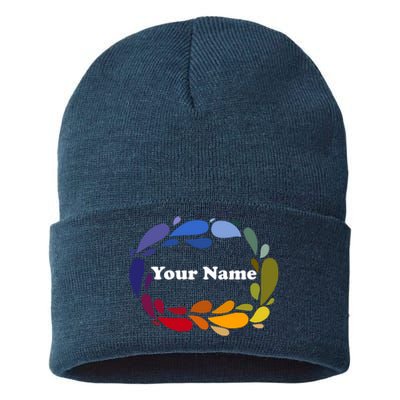 Colorful Rainbow Wreath Custom Name Plate Sustainable Knit Beanie