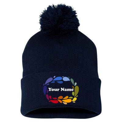 Colorful Rainbow Wreath Custom Name Plate Pom Pom 12in Knit Beanie