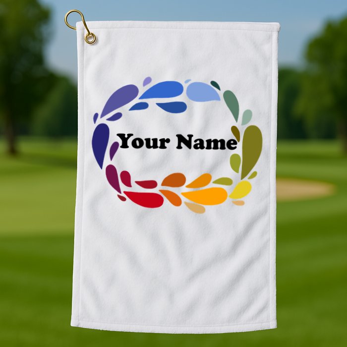 Colorful Rainbow Wreath Custom Name Plate Golf Towel
