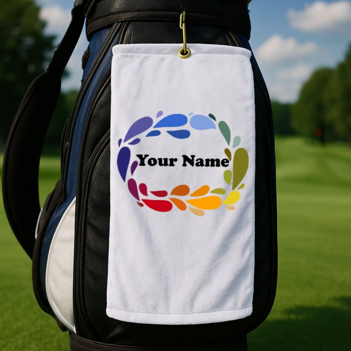 Colorful Rainbow Wreath Custom Name Plate Golf Towel