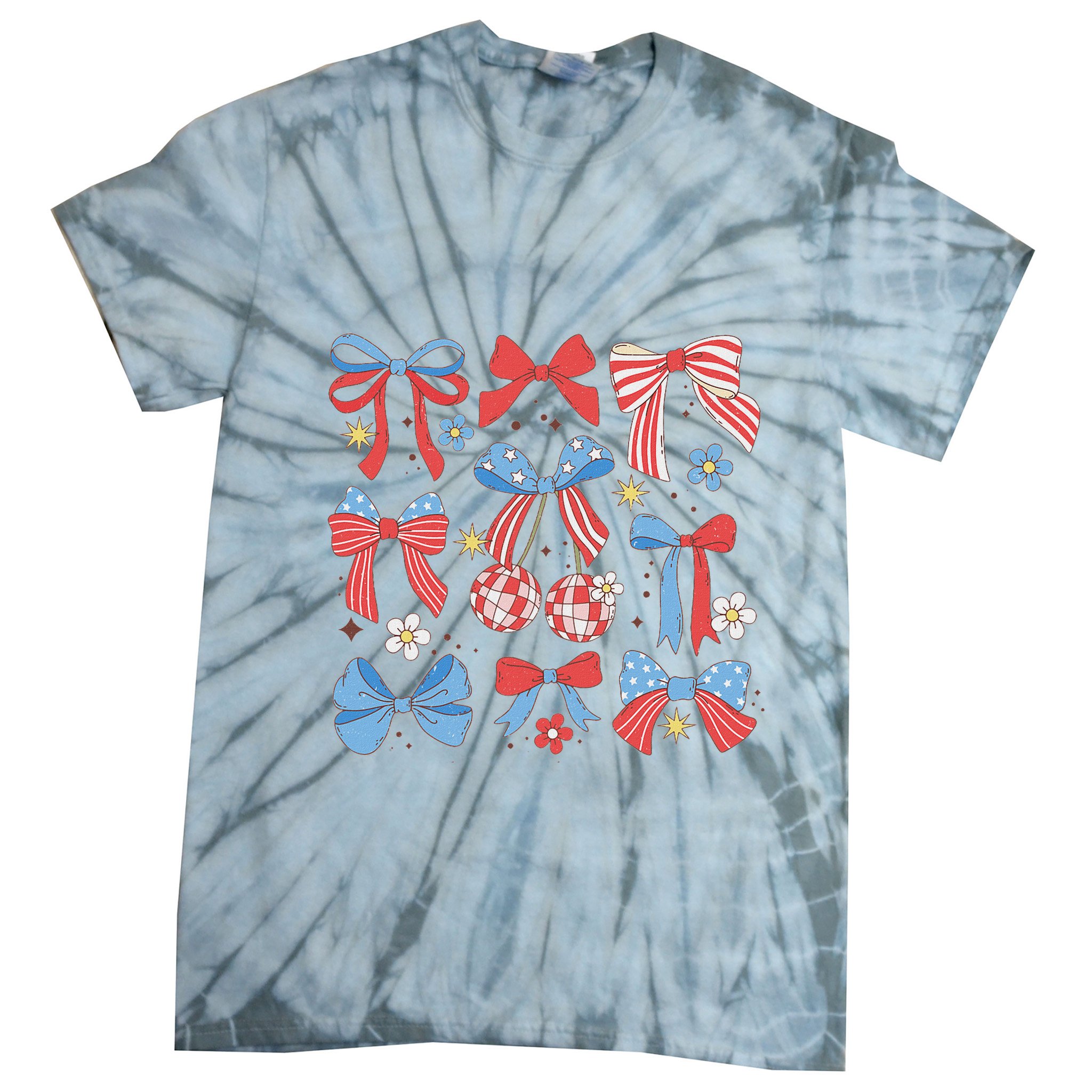 Coquette Red White & Blue Patriotic Bows Retro July 4th Tie-Dye T-Shirt