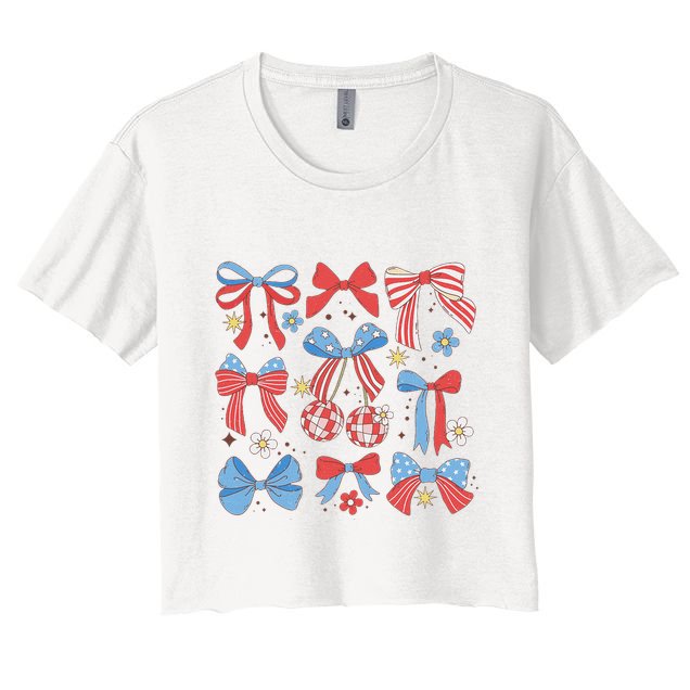 Coquette Red White & Blue Patriotic Bows Retro July 4th Crop Top