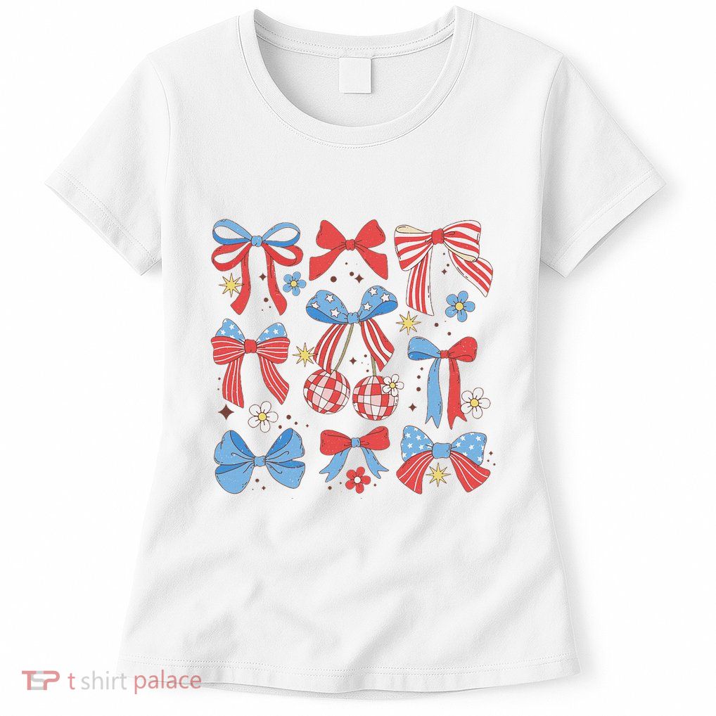 Coquette Red White & Blue Patriotic Bows Retro July 4th Womens T-Shirt