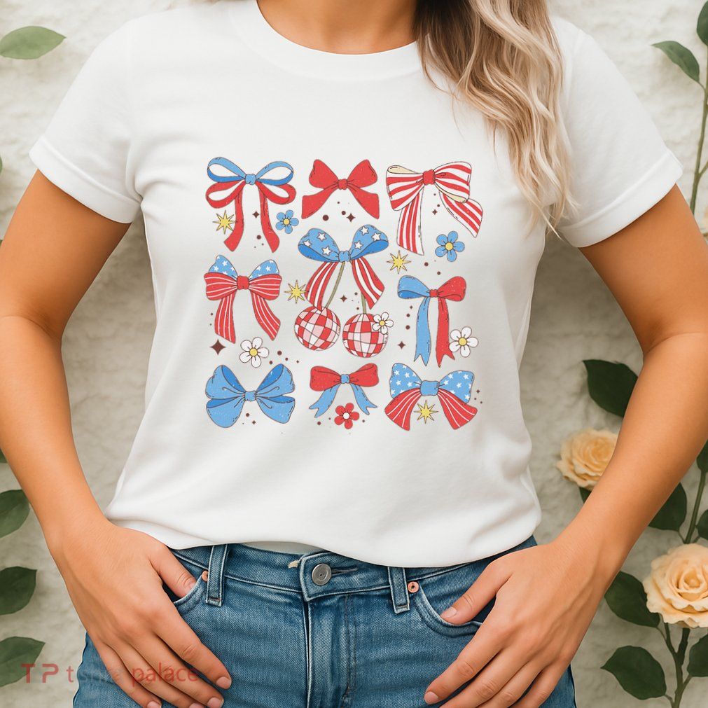 Coquette Red White & Blue Patriotic Bows Retro July 4th Womens T-Shirt