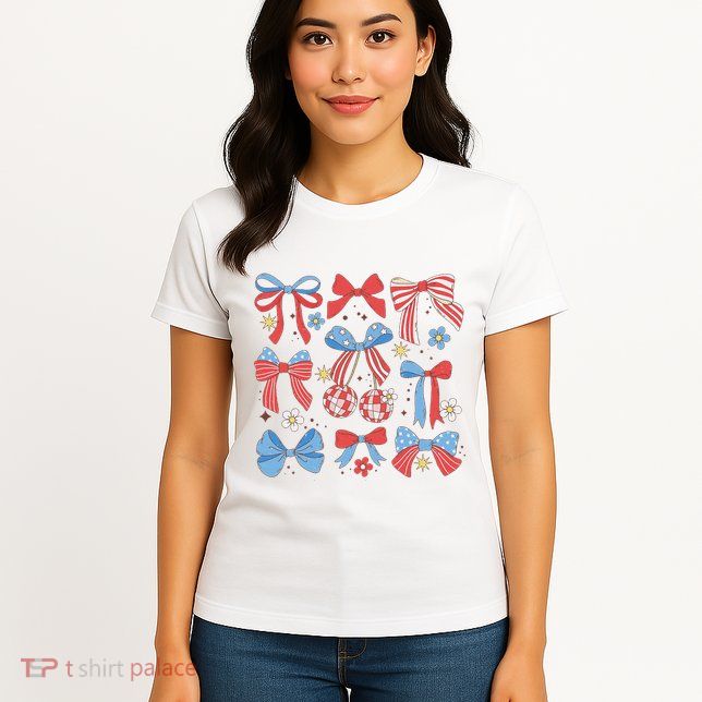 Coquette Red White & Blue Patriotic Bows Retro July 4th Womens T-Shirt