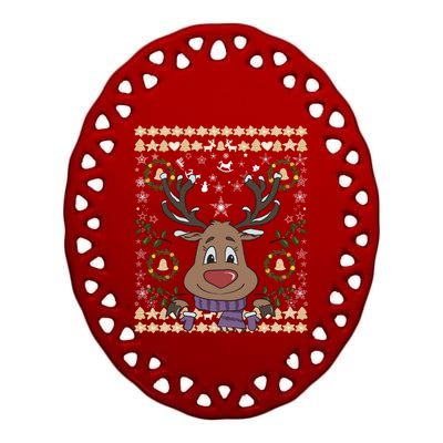 Cute Reindeer Xmas Deer Retro Matching Family Ugly Christmas Gift Ceramic Oval Ornament