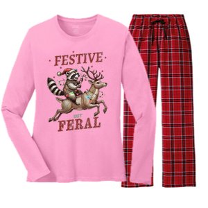 Christmas Raccoon Xmas Holiday Women's Long Sleeve Flannel Pajama Set 