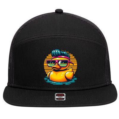 Cool Retro Yellow Duck In Sunglasses 70s 80s 90s Funny Duck 7 Panel Mesh Trucker Snapback Hat