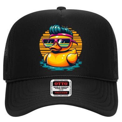 Cool Retro Yellow Duck In Sunglasses 70s 80s 90s Funny Duck High Crown Mesh Back Trucker Hat