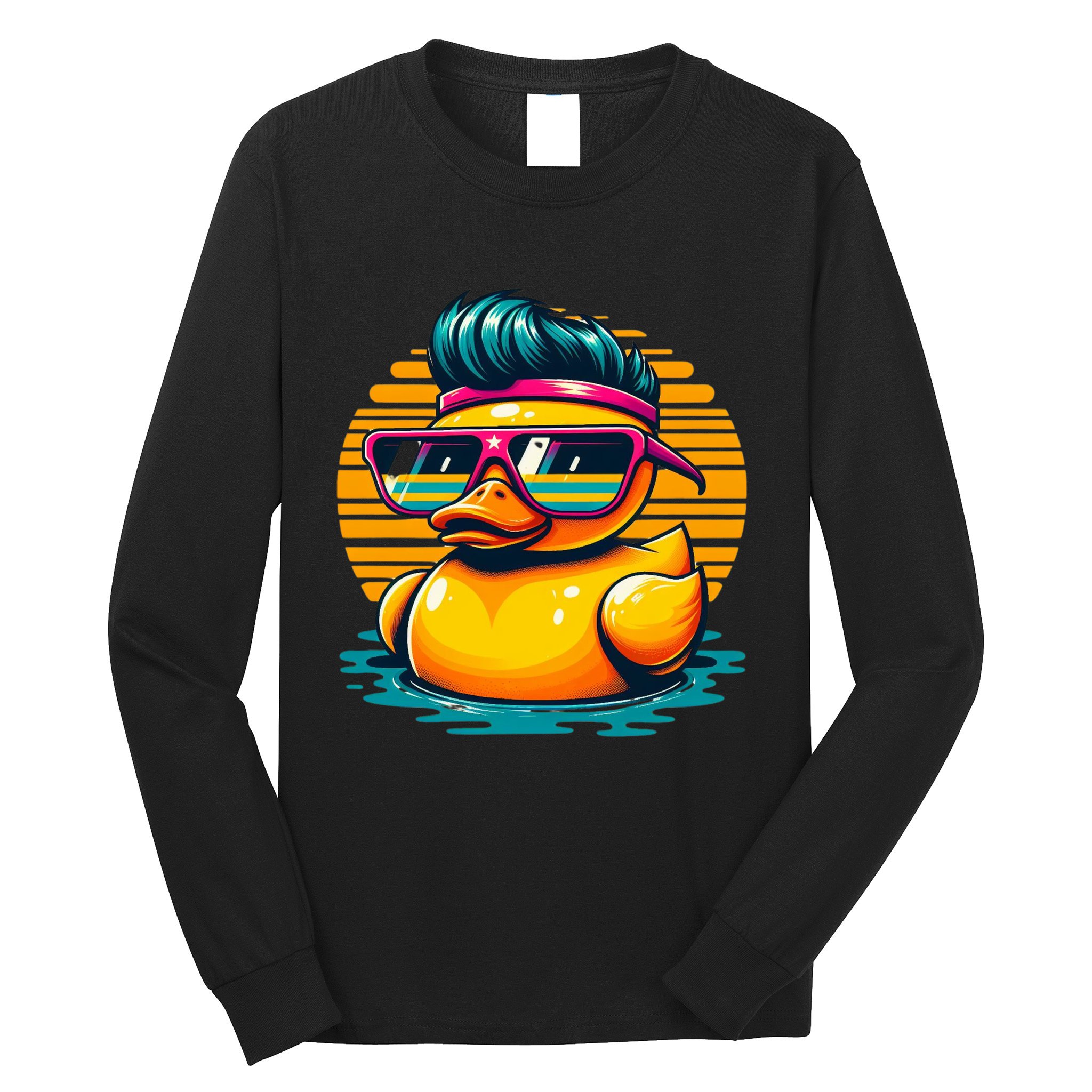 Cool Retro Yellow Duck In Sunglasses 70s 80s 90s Funny Duck Long Sleeve Shirt