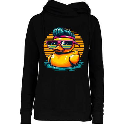 Cool Retro Yellow Duck In Sunglasses 70s 80s 90s Funny Duck Womens Funnel Neck Pullover Hood