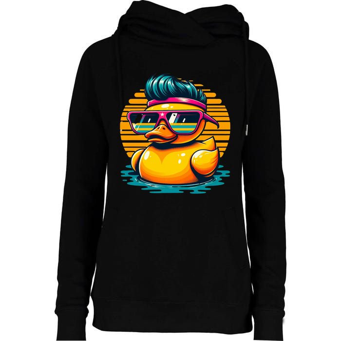 Cool Retro Yellow Duck In Sunglasses 70s 80s 90s Funny Duck Womens Funnel Neck Pullover Hood