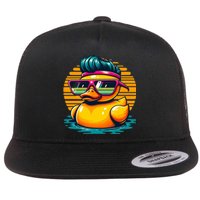 Cool Retro Yellow Duck In Sunglasses 70s 80s 90s Funny Duck Flat Bill Trucker Hat