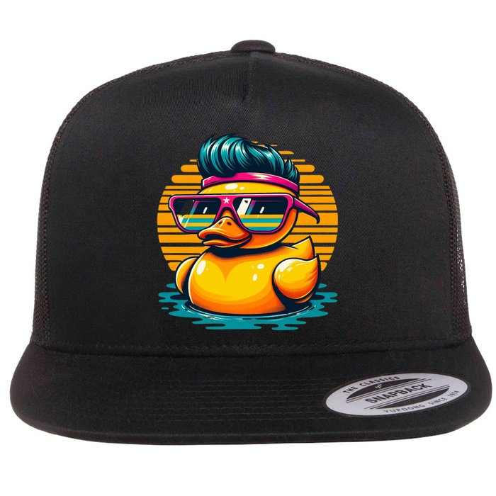 Cool Retro Yellow Duck In Sunglasses 70s 80s 90s Funny Duck Flat Bill Trucker Hat