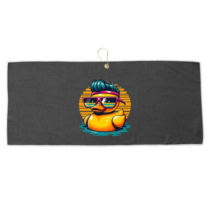 Cool Retro Yellow Duck In Sunglasses 70s 80s 90s Funny Duck Large Microfiber Waffle Golf Towel