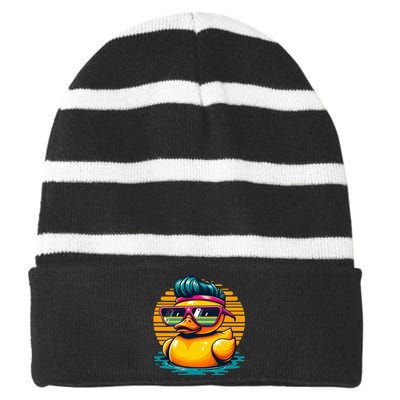 Cool Retro Yellow Duck In Sunglasses 70s 80s 90s Funny Duck Striped Beanie with Solid Band