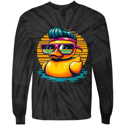 Cool Retro Yellow Duck In Sunglasses 70s 80s 90s Funny Duck Tie-Dye Long Sleeve Shirt