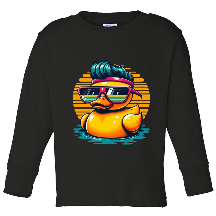 Cool Retro Yellow Duck In Sunglasses 70s 80s 90s Funny Duck Toddler Long Sleeve Shirt