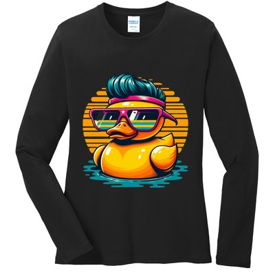 Cool Retro Yellow Duck In Sunglasses 70s 80s 90s Funny Duck Ladies Long Sleeve Shirt