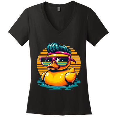 Cool Retro Yellow Duck In Sunglasses 70s 80s 90s Funny Duck Women's V-Neck T-Shirt