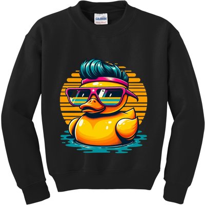 Cool Retro Yellow Duck In Sunglasses 70s 80s 90s Funny Duck Kids Sweatshirt