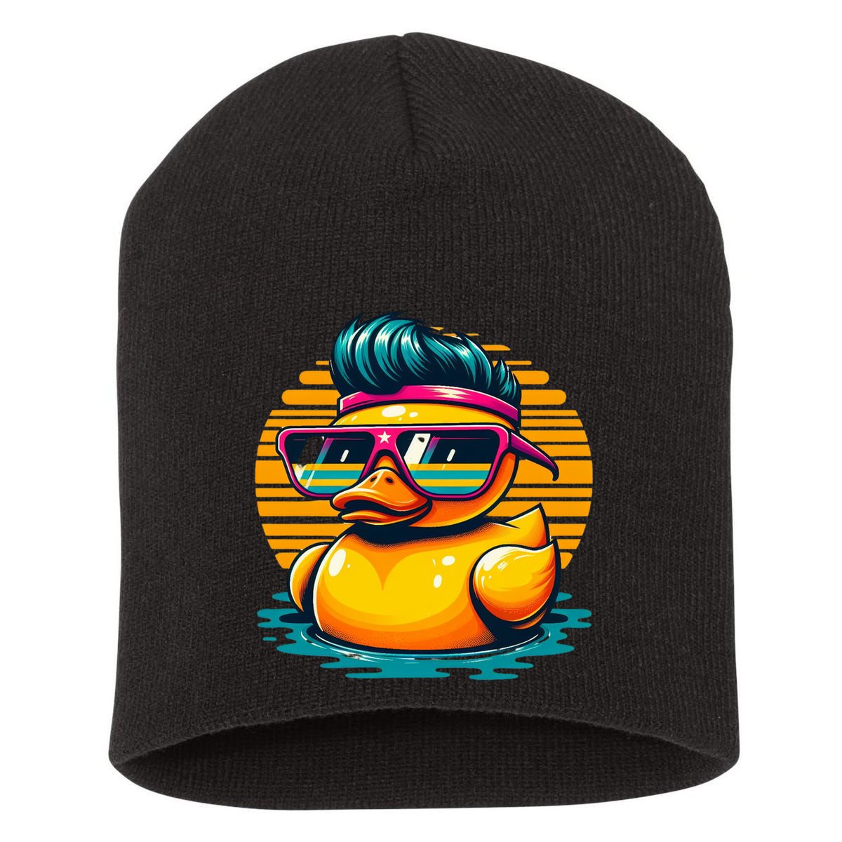 Cool Retro Yellow Duck In Sunglasses 70s 80s 90s Funny Duck Short Acrylic Beanie