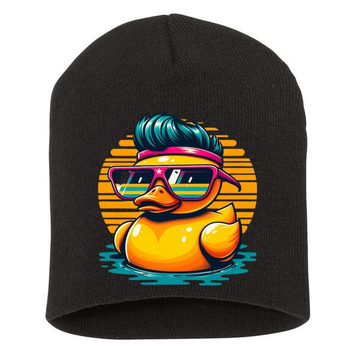 Cool Retro Yellow Duck In Sunglasses 70s 80s 90s Funny Duck Short Acrylic Beanie