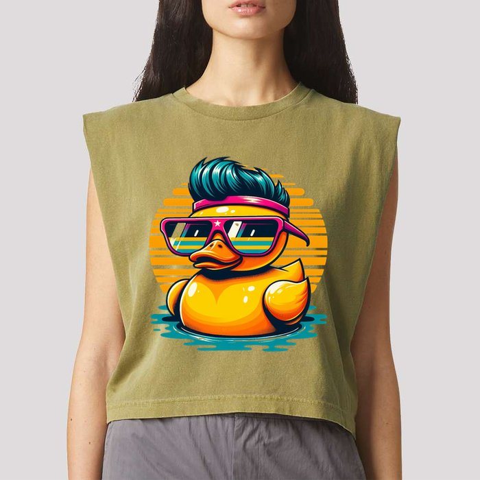 Cool Retro Yellow Duck In Sunglasses 70s 80s 90s Funny Duck Garment-Dyed Women's Muscle Tee