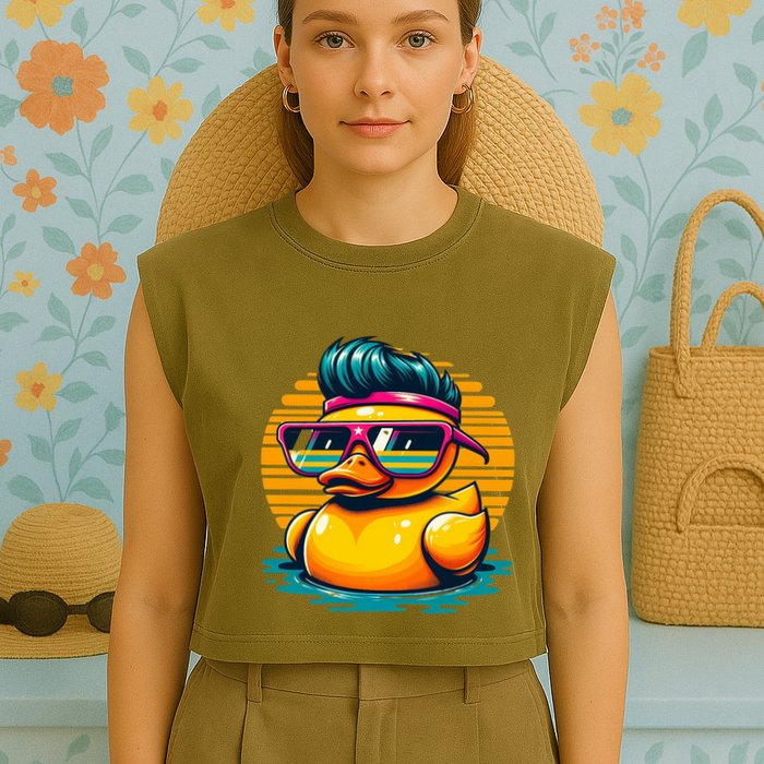 Cool Retro Yellow Duck In Sunglasses 70s 80s 90s Funny Duck Garment-Dyed Women's Muscle Tee