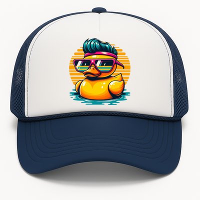 Cool Retro Yellow Duck In Sunglasses 70s 80s 90s Funny Duck Trucker Hat