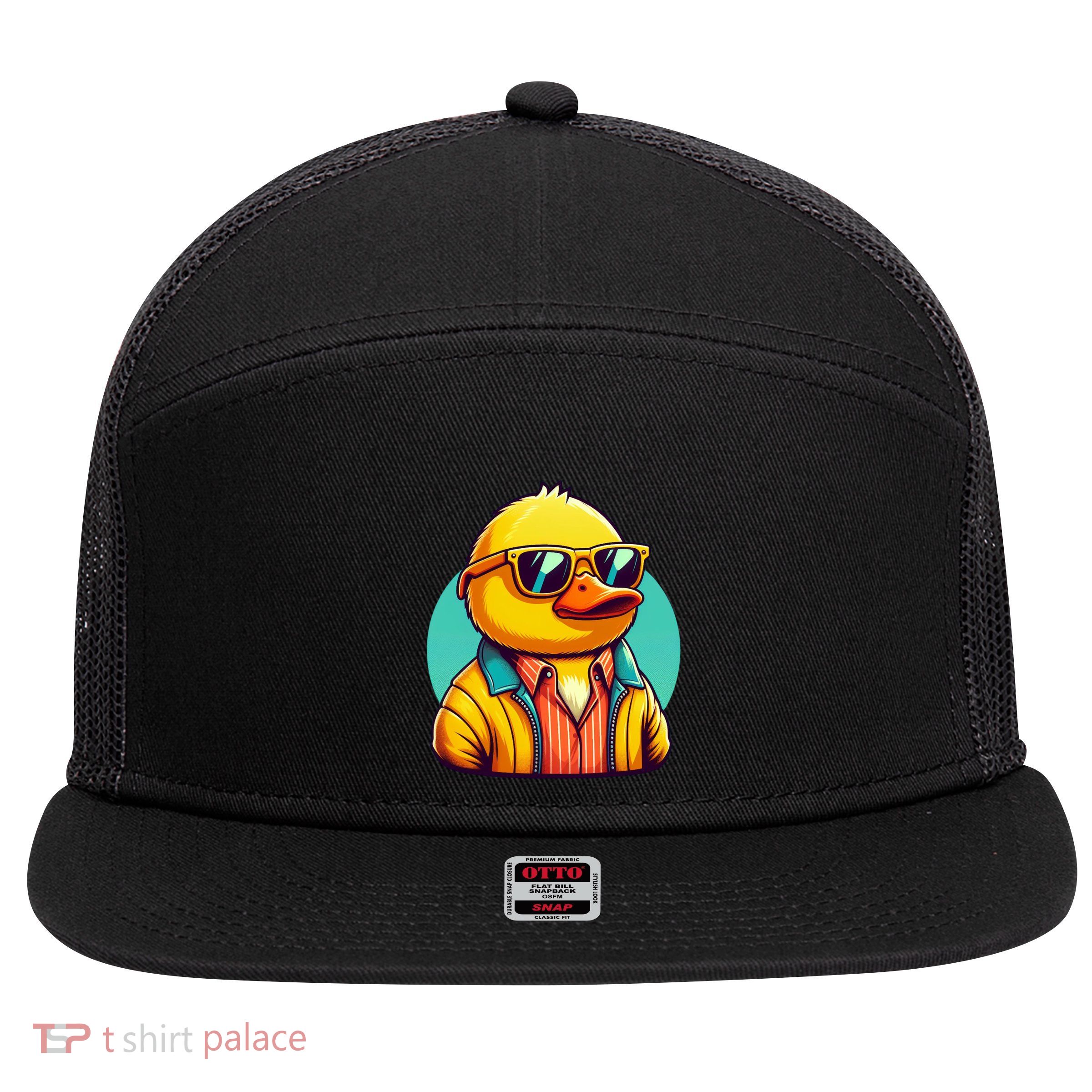 Cool Retro Yellow Duck In Sunglasses 70s 80s 90s Funny Duck 7 Panel Mesh Trucker Snapback Hat