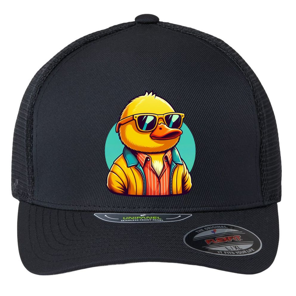 Cool Retro Yellow Duck In Sunglasses 70s 80s 90s Funny Duck Flexfit Unipanel Trucker Cap