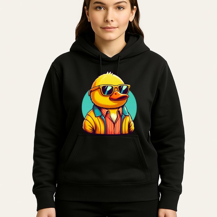 Cool Retro Yellow Duck In Sunglasses 70s 80s 90s Funny Duck Hoodie