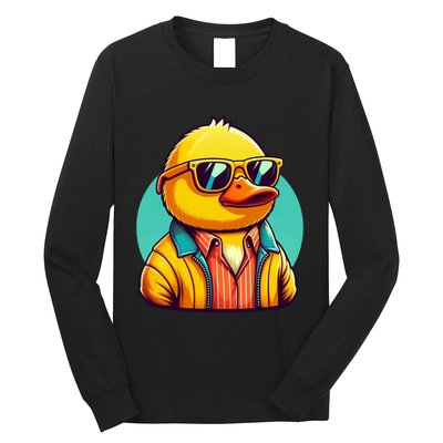 Cool Retro Yellow Duck In Sunglasses 70s 80s 90s Funny Duck Long Sleeve Shirt