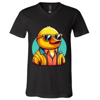Cool Retro Yellow Duck In Sunglasses 70s 80s 90s Funny Duck V-Neck T-Shirt