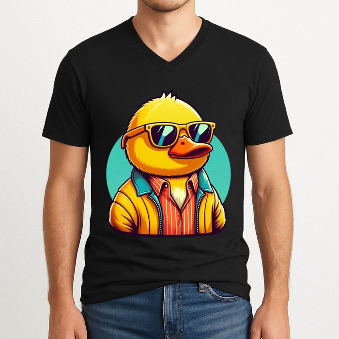 Cool Retro Yellow Duck In Sunglasses 70s 80s 90s Funny Duck V-Neck T-Shirt