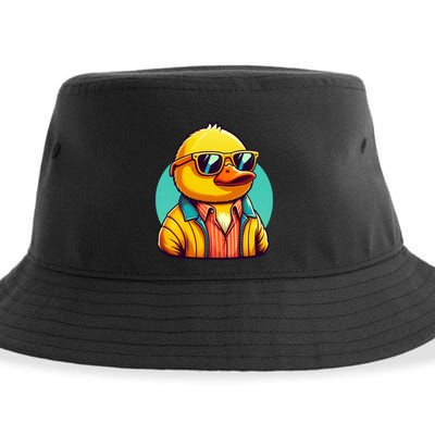 Cool Retro Yellow Duck In Sunglasses 70s 80s 90s Funny Duck Sustainable Bucket Hat
