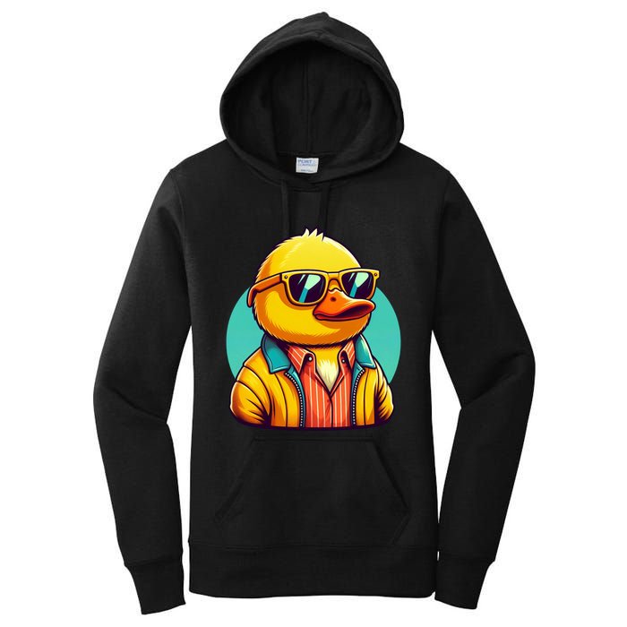 Cool Retro Yellow Duck In Sunglasses 70s 80s 90s Funny Duck Women's Pullover Hoodie