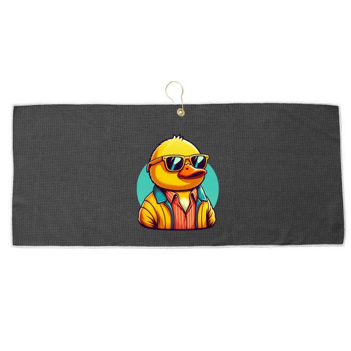 Cool Retro Yellow Duck In Sunglasses 70s 80s 90s Funny Duck Large Microfiber Waffle Golf Towel