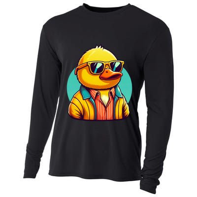 Cool Retro Yellow Duck In Sunglasses 70s 80s 90s Funny Duck Cooling Performance Long Sleeve Crew