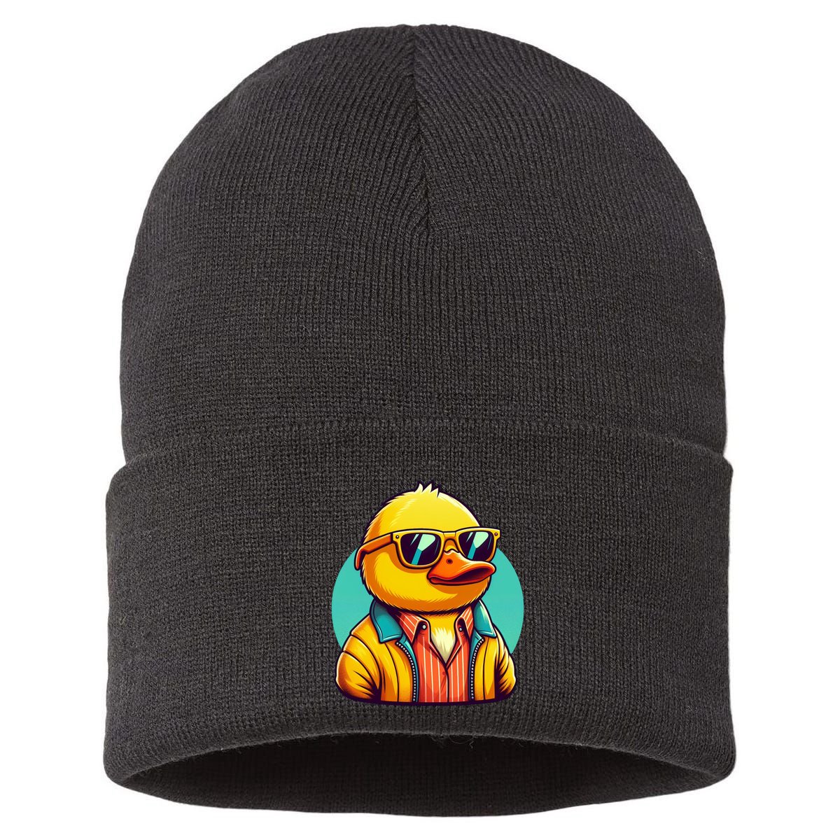 Cool Retro Yellow Duck In Sunglasses 70s 80s 90s Funny Duck Sustainable Knit Beanie