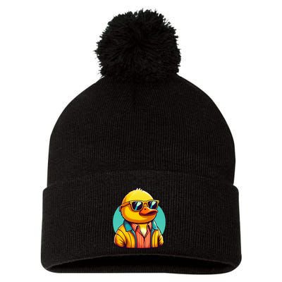 Cool Retro Yellow Duck In Sunglasses 70s 80s 90s Funny Duck Pom Pom 12in Knit Beanie