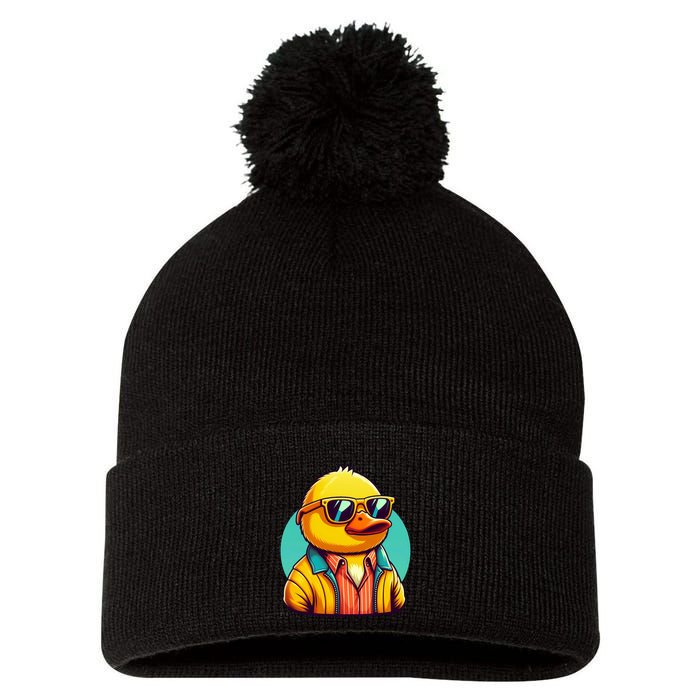 Cool Retro Yellow Duck In Sunglasses 70s 80s 90s Funny Duck Pom Pom 12in Knit Beanie